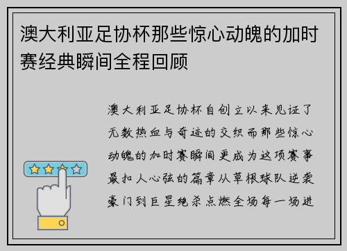澳大利亚足协杯那些惊心动魄的加时赛经典瞬间全程回顾